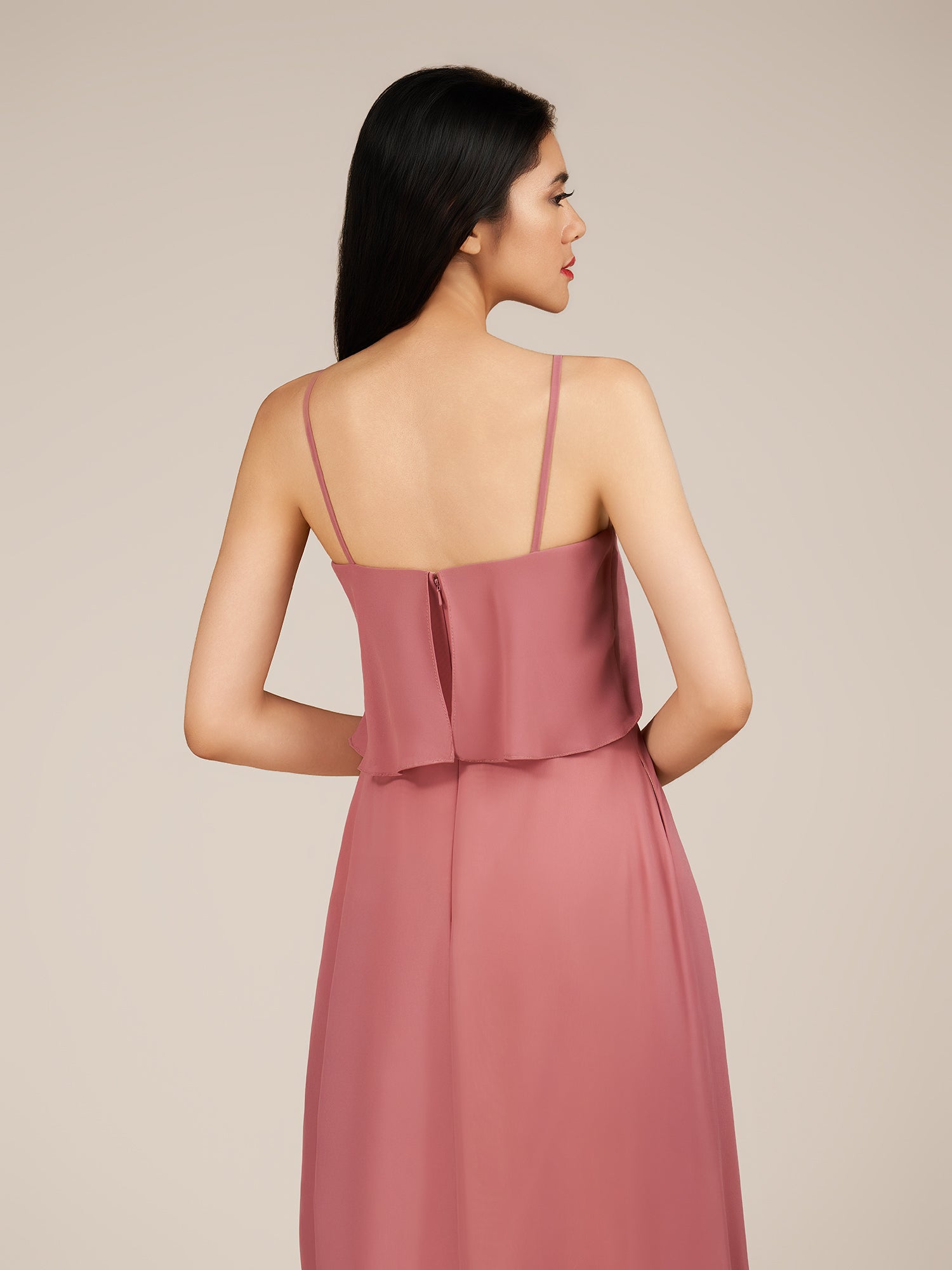 KissDress-Branwyn Mulberry A Line V Neck Chiffon Long Bridesmaid Dress with Ruffles