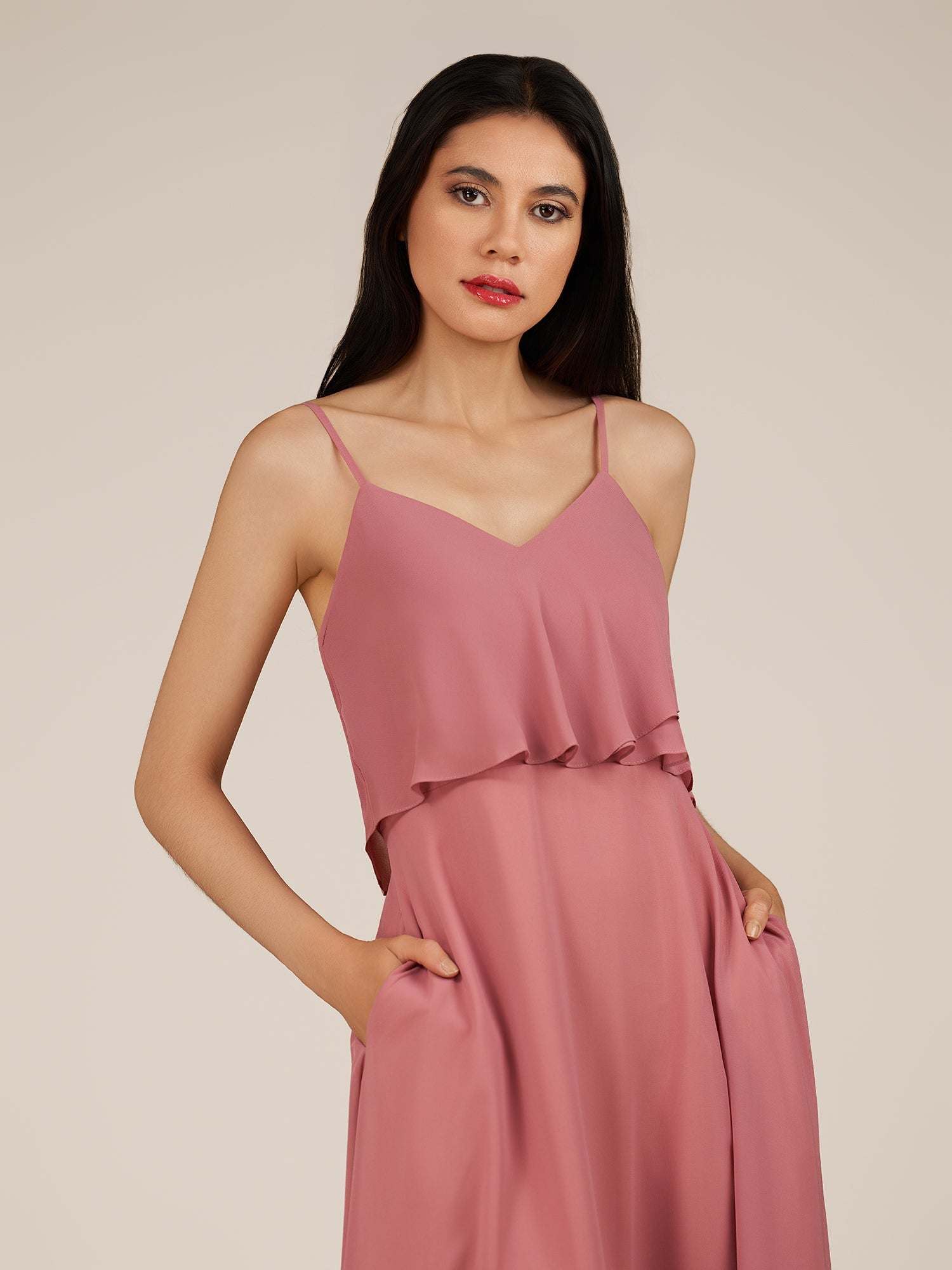 KissDress-Branwyn Mulberry A Line V Neck Chiffon Long Bridesmaid Dress with Ruffles