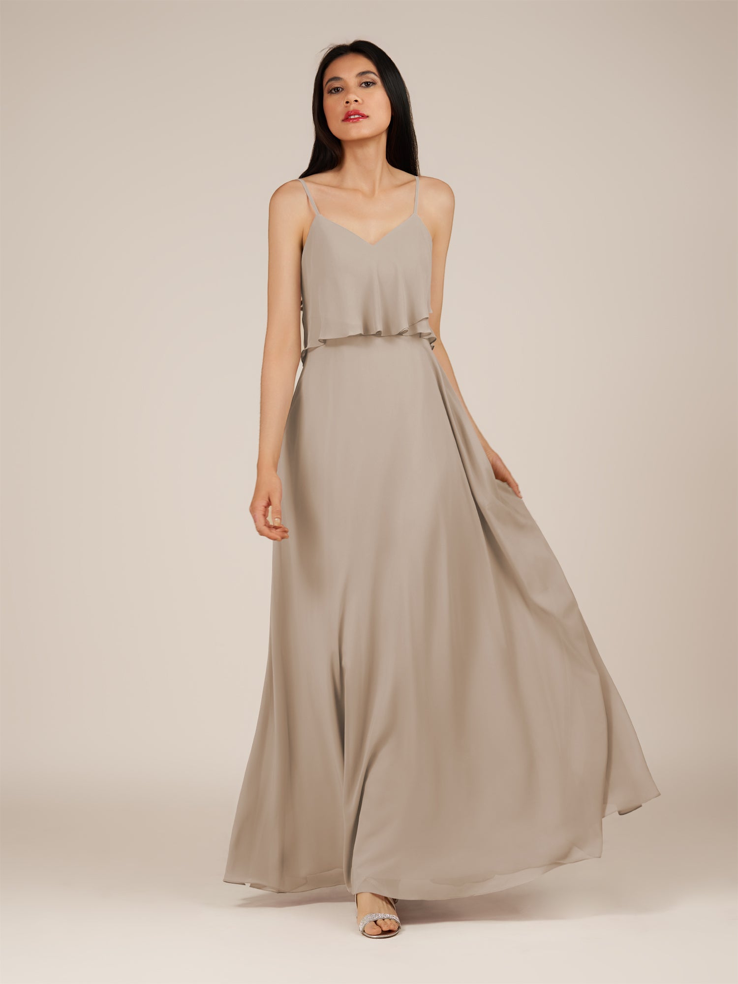 KissDress-Branwyn Almond A Line V Neck Chiffon Long Bridesmaid Dress with Ruffles