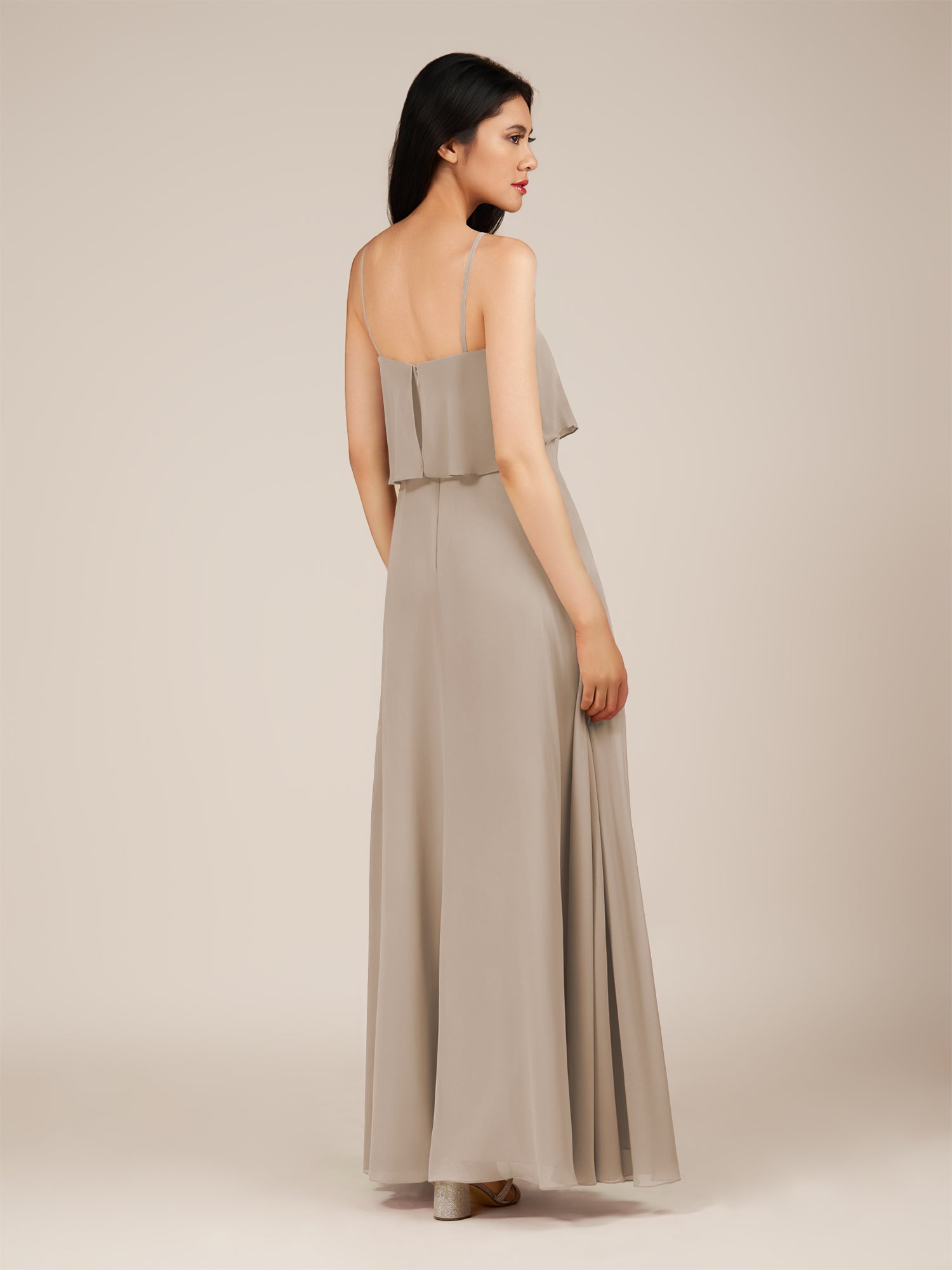 KissDress-Branwyn Almond A Line V Neck Chiffon Long Bridesmaid Dress with Ruffles
