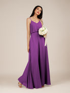 KissDress-Branwyn Amethyst A Line V Neck Chiffon Long Bridesmaid Dress with Ruffles