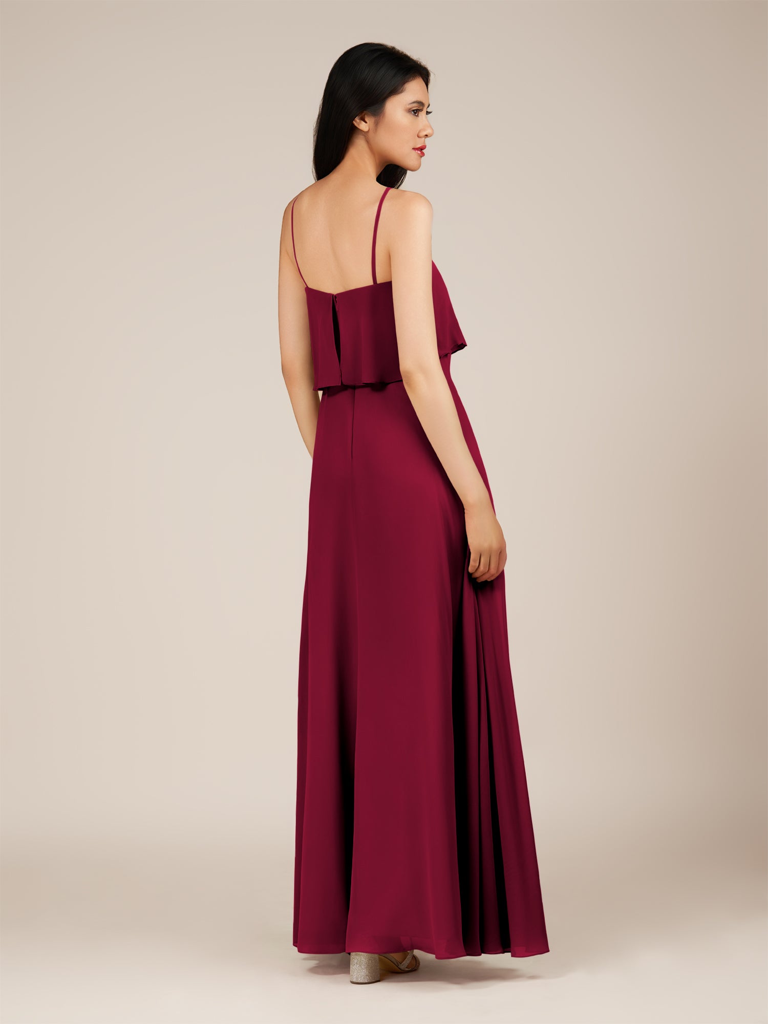 KissDress-Branwyn Berry A Line V Neck Chiffon Long Bridesmaid Dress with Ruffles