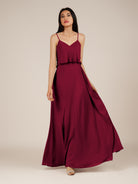 KissDress-Branwyn Berry A Line V Neck Chiffon Long Bridesmaid Dress with Ruffles