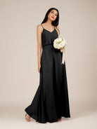 KissDress-Branwyn Black A Line V Neck Chiffon Long Bridesmaid Dress with Ruffles