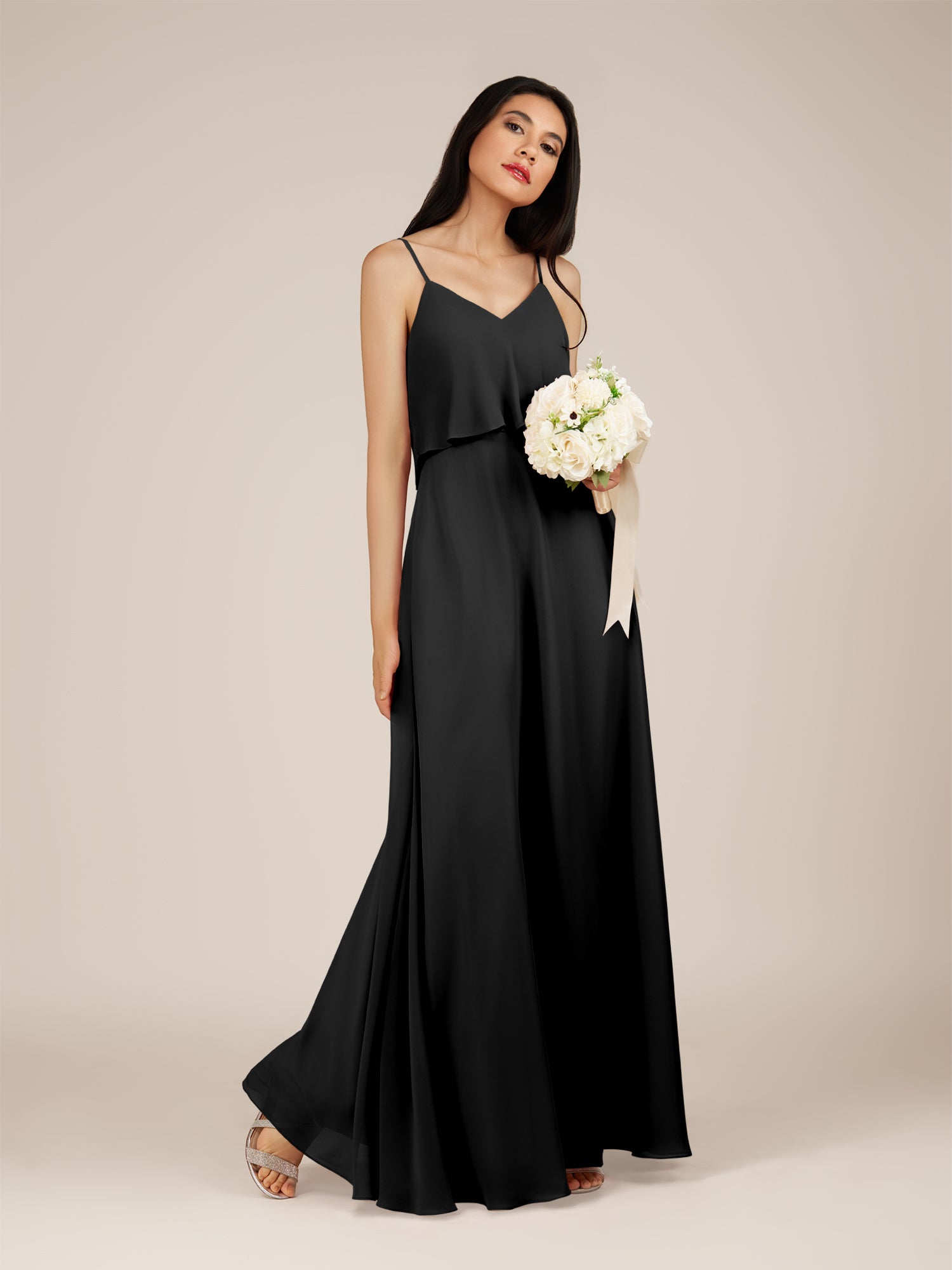 KissDress-Branwyn Black A Line V Neck Chiffon Long Bridesmaid Dress with Ruffles