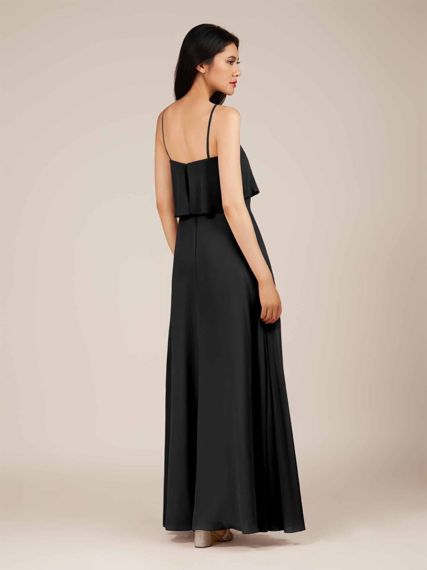 KissDress-Branwyn Black A Line V Neck Chiffon Long Bridesmaid Dress with Ruffles