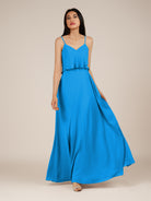 KissDress-Branwyn Blue Jay A Line V Neck Chiffon Long Bridesmaid Dress with Ruffles