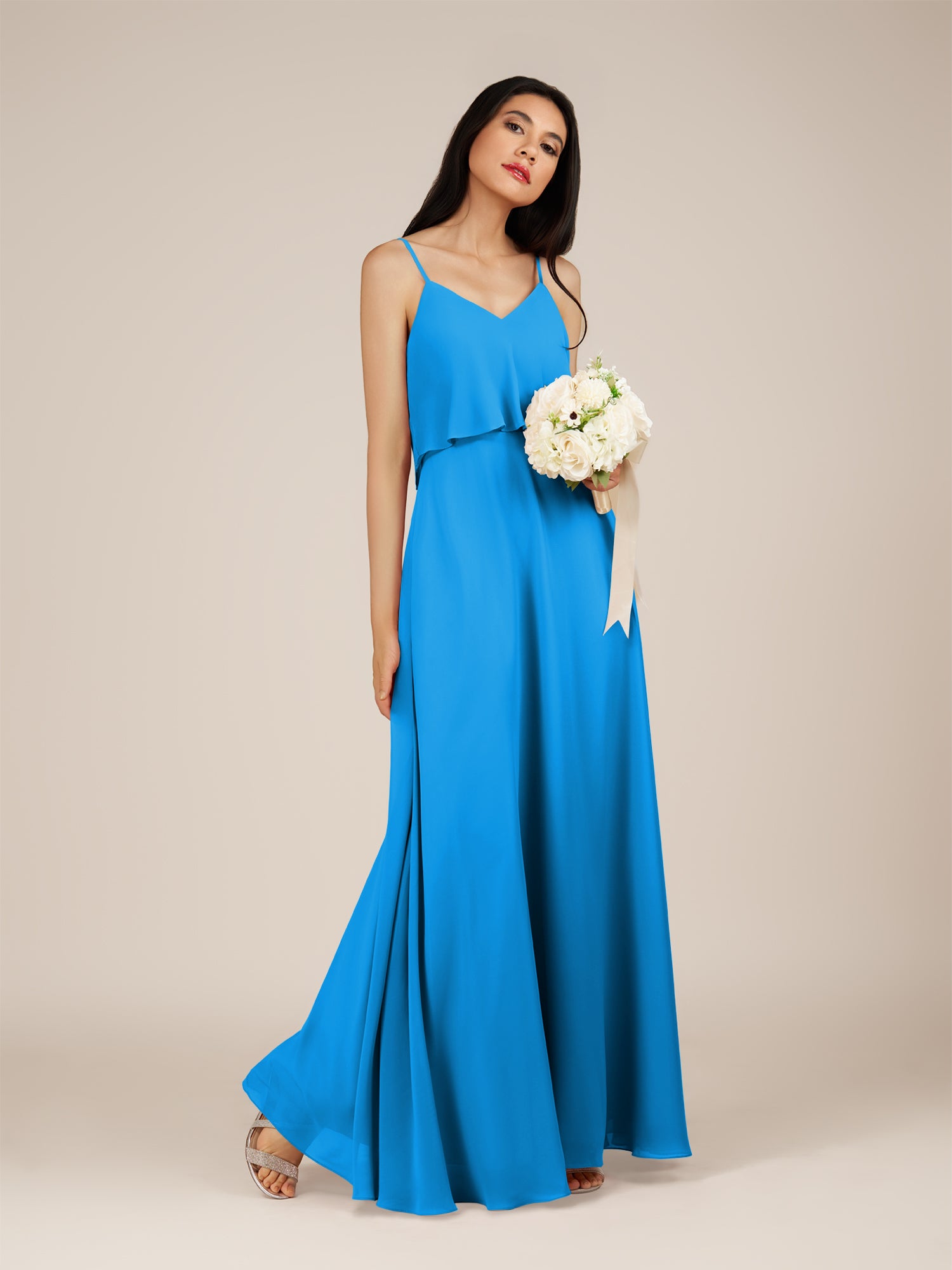 KissDress-Branwyn Blue Jay A Line V Neck Chiffon Long Bridesmaid Dress with Ruffles
