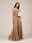 KissDress-Branwyn Bronzer A Line V Neck Chiffon Long Bridesmaid Dress with Ruffles