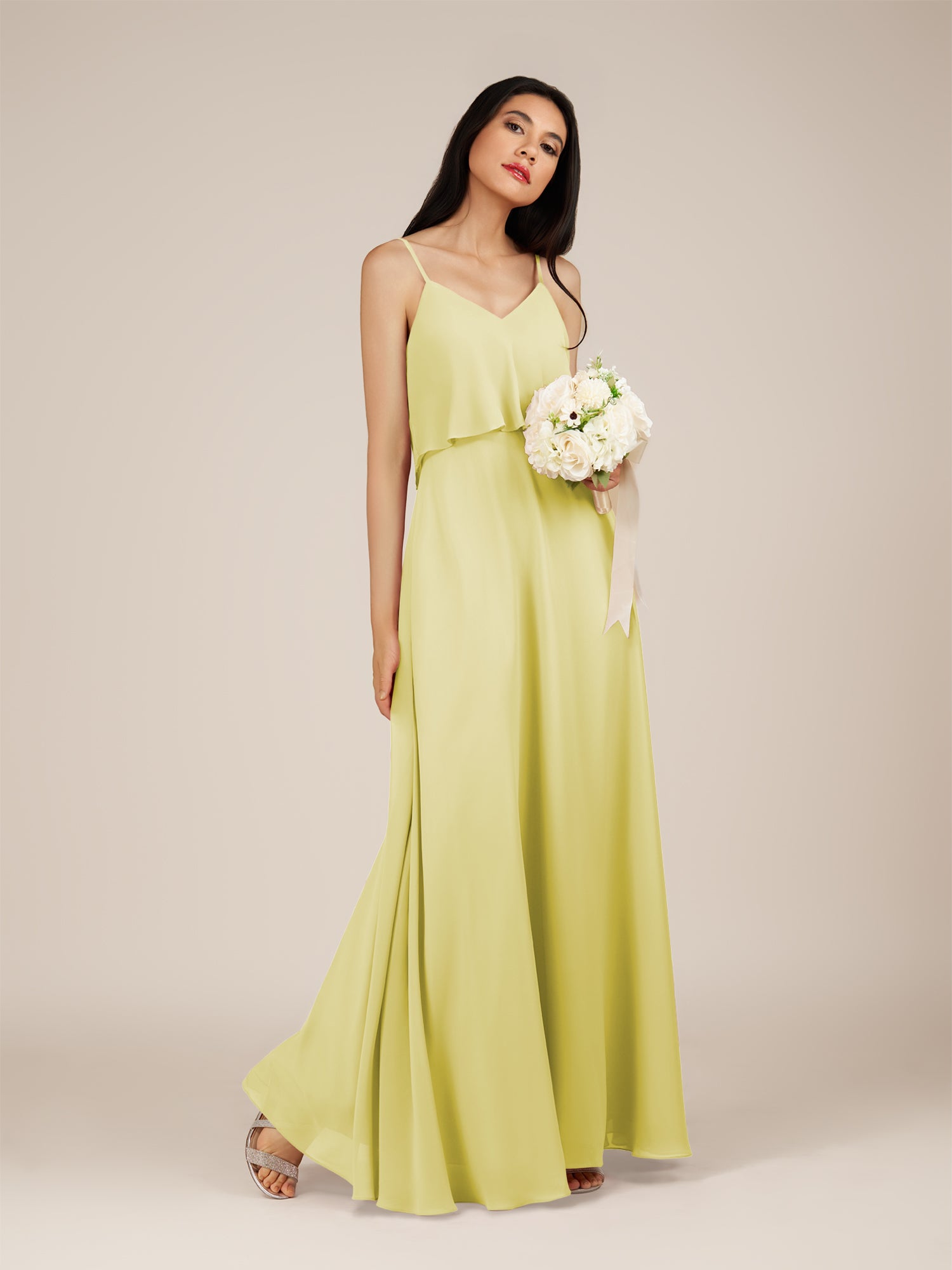 KissDress-Branwyn Buttercup A Line V Neck Chiffon Long Bridesmaid Dress with Ruffles