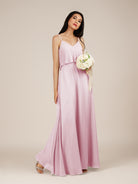KissDress-Branwyn Candy Pink A Line V Neck Chiffon Long Bridesmaid Dress with Ruffles