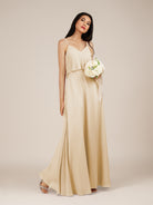 KissDress-Branwyn Champagne A Line V Neck Chiffon Long Bridesmaid Dress with Ruffles