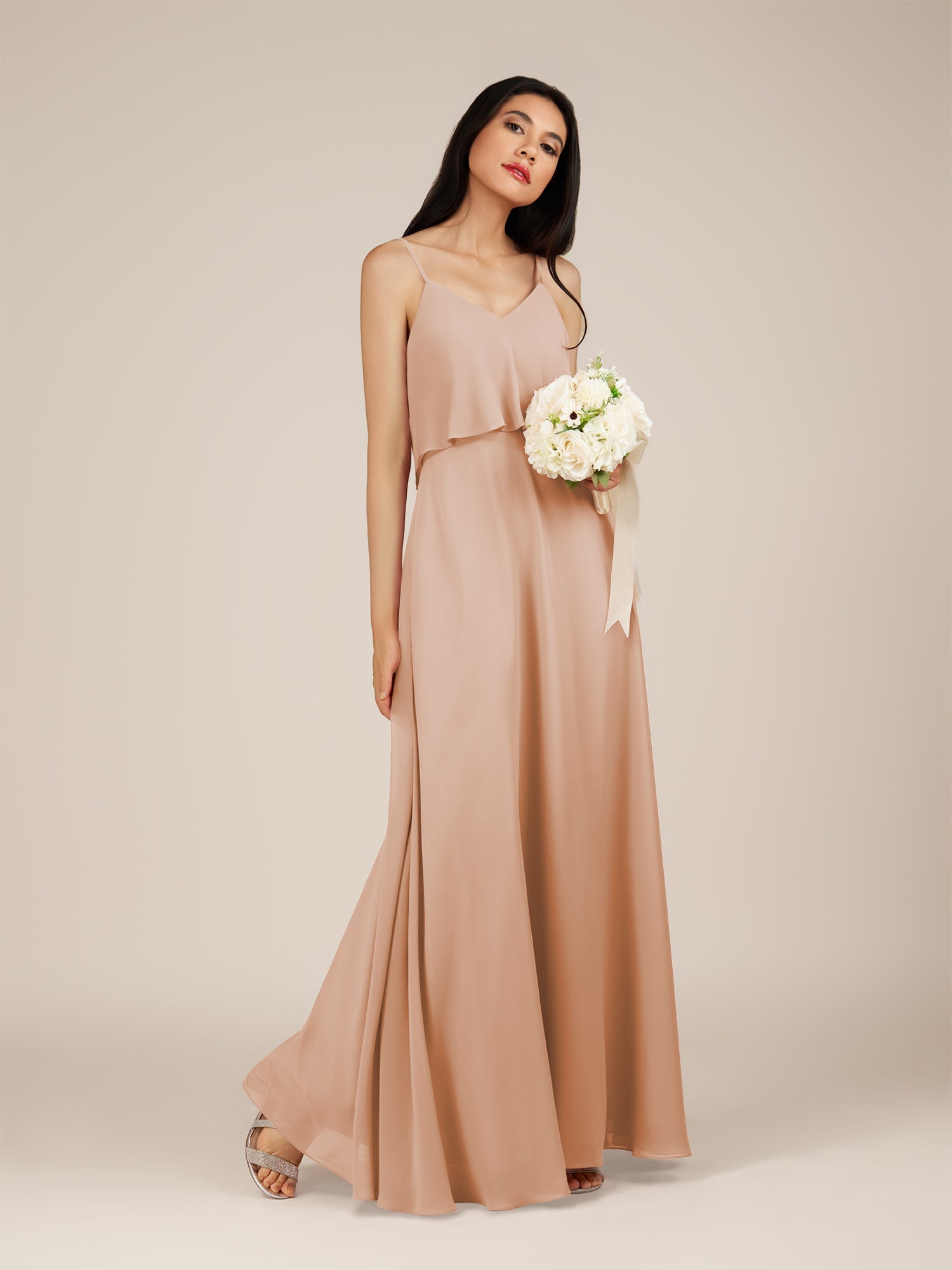 KissDress-Branwyn Champagne Rose A Line V Neck Chiffon Long Bridesmaid Dress with Ruffles
