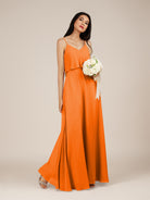 KissDress-Branwyn Cinnamon A Line V Neck Chiffon Long Bridesmaid Dress with Ruffles
