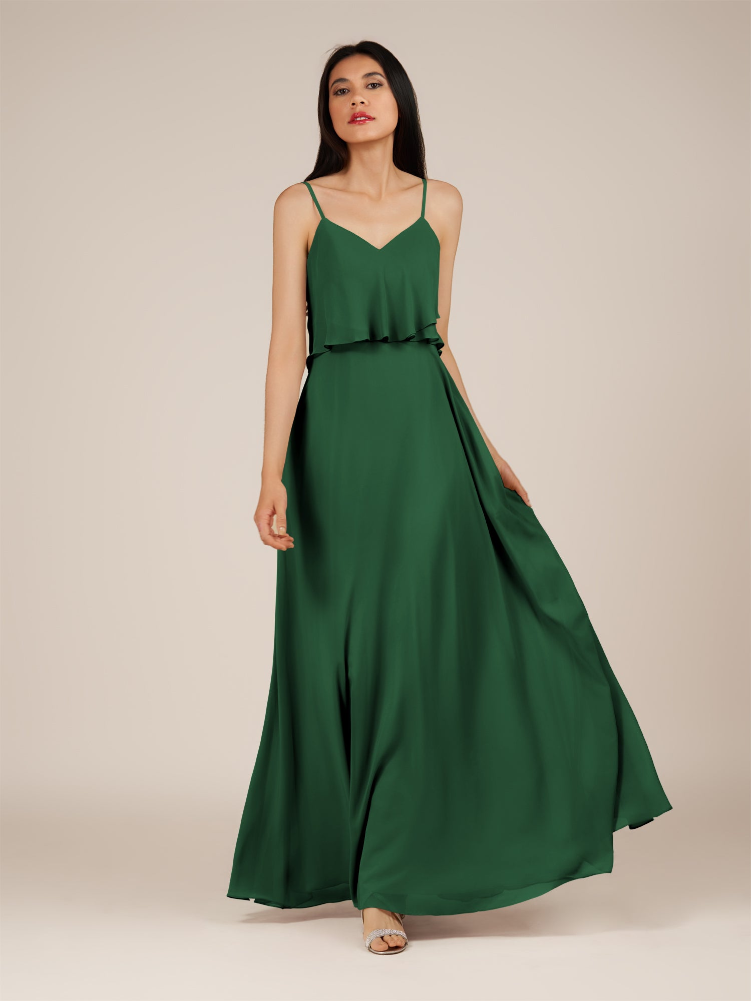 KissDress-Branwyn Dark Green A Line V Neck Chiffon Long Bridesmaid Dress with Ruffles