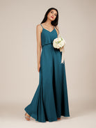KissDress-Branwyn Dark Teal A Line V Neck Chiffon Long Bridesmaid Dress with Ruffles