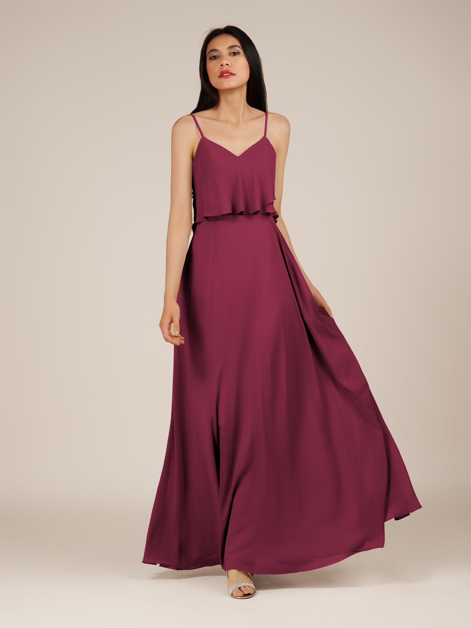 KissDress-Branwyn Desert Rose A Line V Neck Chiffon Long Bridesmaid Dress with Ruffles
