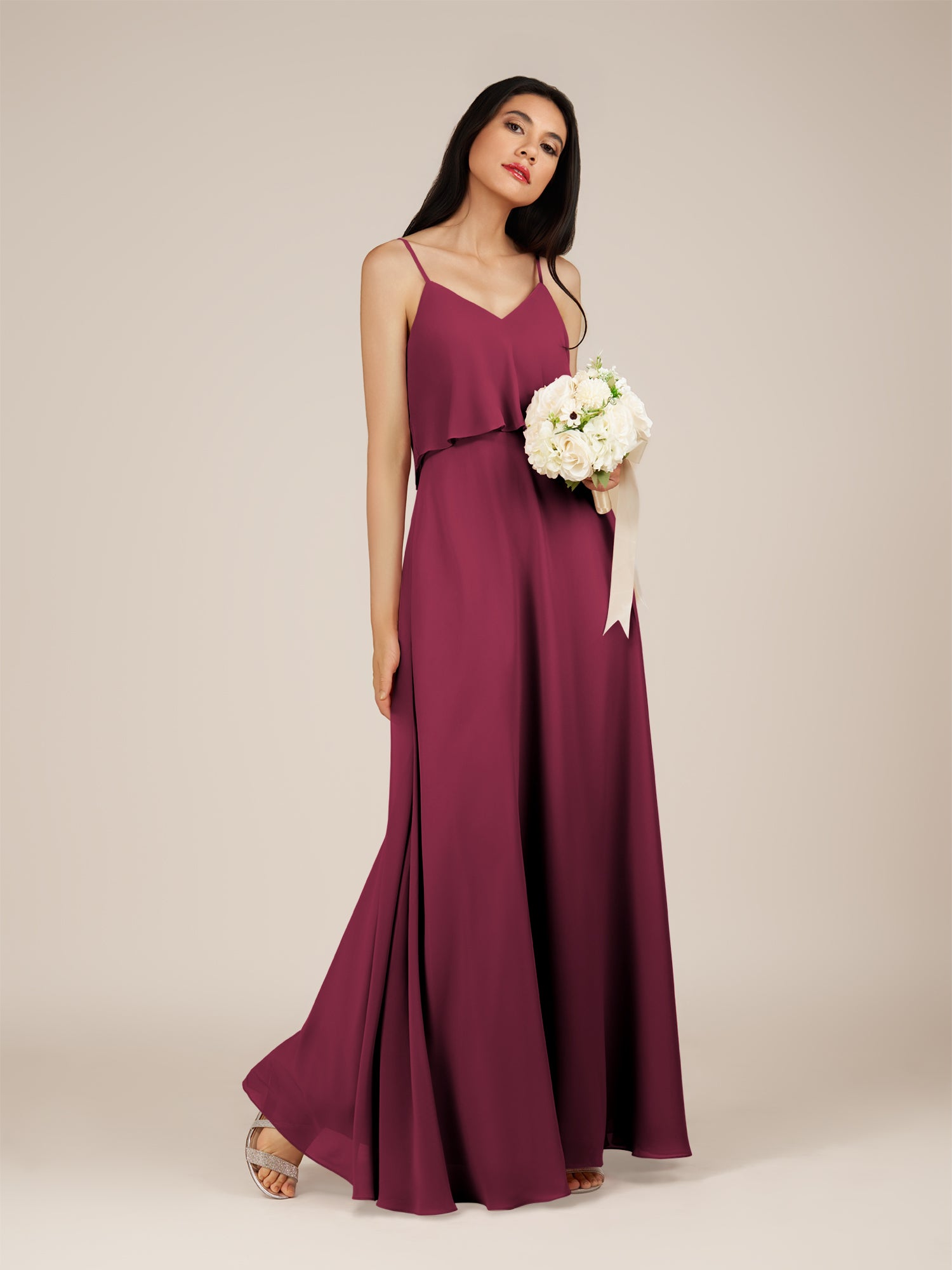 KissDress-Branwyn Desert Rose A Line V Neck Chiffon Long Bridesmaid Dress with Ruffles