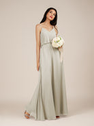 KissDress-Branwyn Dove Gray A Line V Neck Chiffon Long Bridesmaid Dress with Ruffles