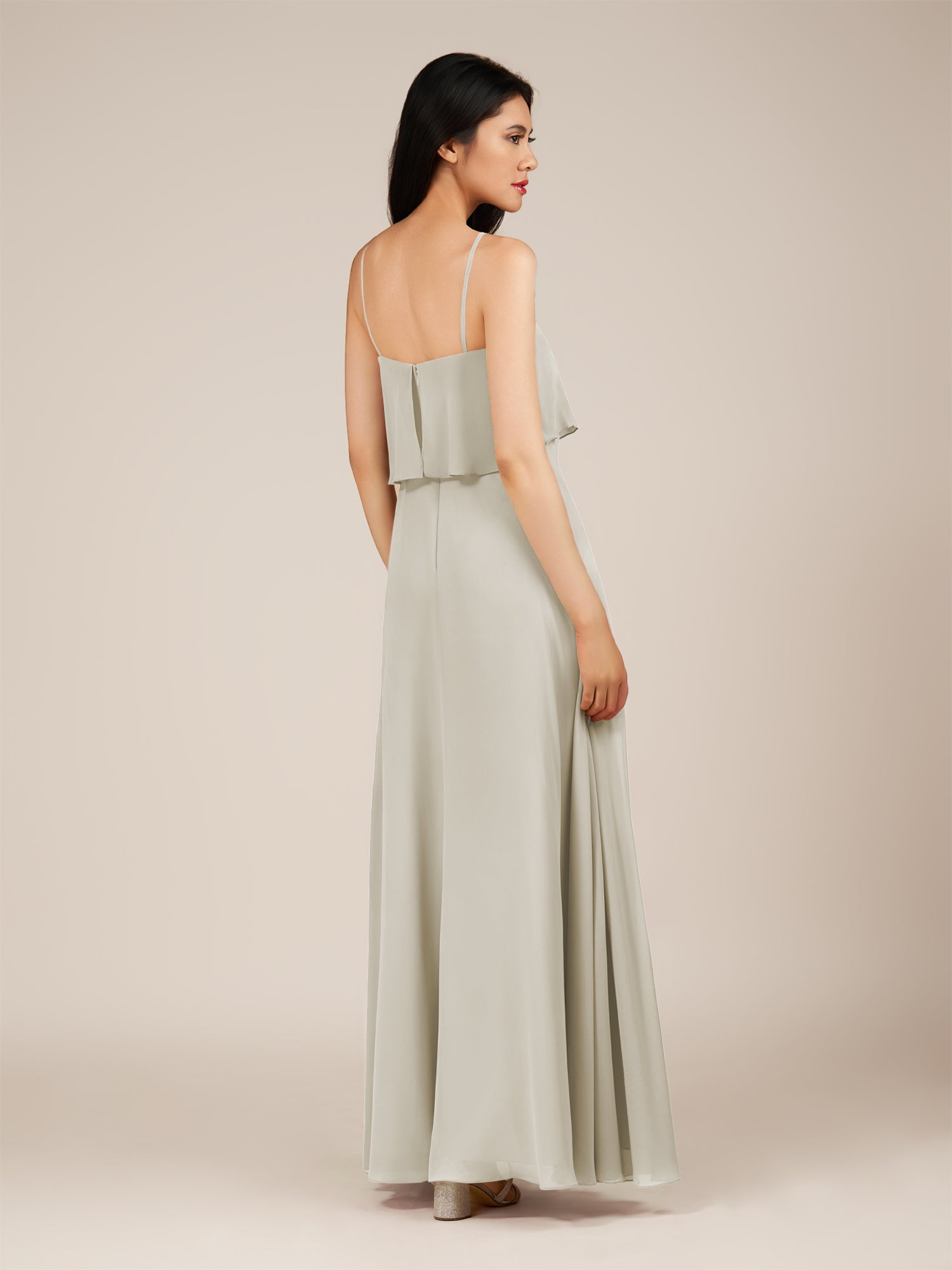 KissDress-Branwyn Dove Gray A Line V Neck Chiffon Long Bridesmaid Dress with Ruffles