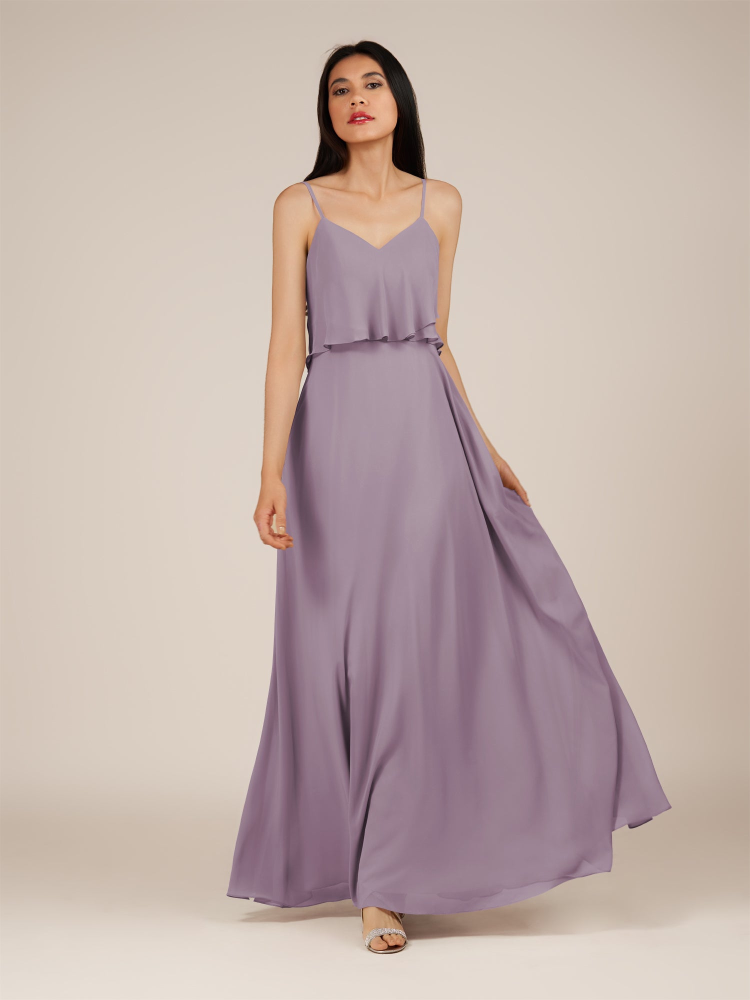 KissDress-Branwyn Dusk A Line V Neck Chiffon Long Bridesmaid Dress with Ruffles
