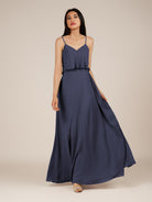 KissDress-Branwyn Dusk Blue A Line V Neck Chiffon Long Bridesmaid Dress with Ruffles