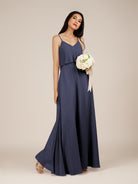KissDress-Branwyn Dusk Blue A Line V Neck Chiffon Long Bridesmaid Dress with Ruffles