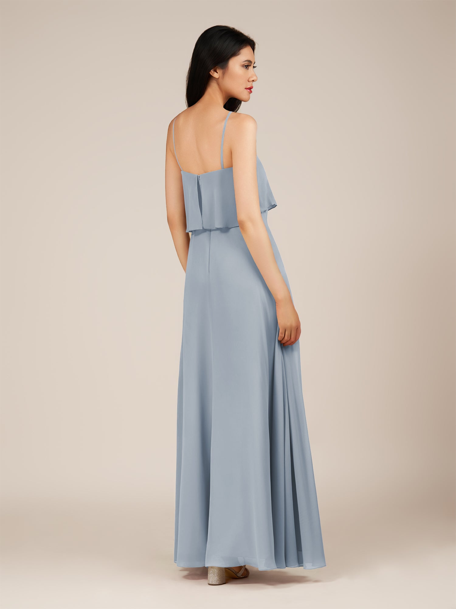 KissDress-Branwyn Dusty Blue A Line V Neck Chiffon Long Bridesmaid Dress with Ruffles