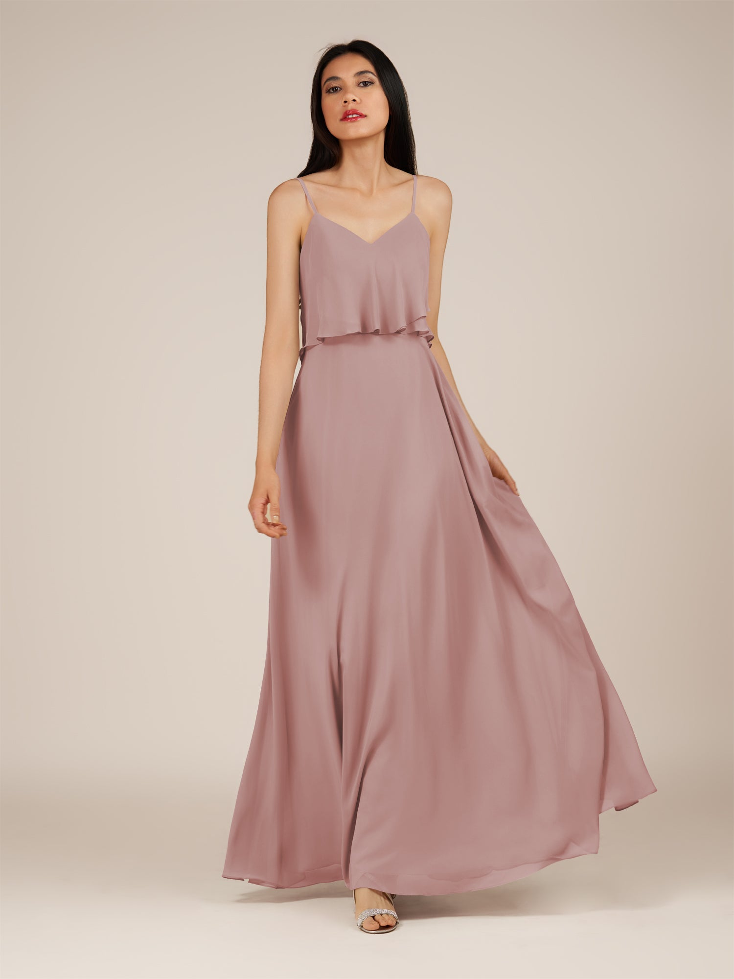 KissDress-Branwyn Dusty Rose A Line V Neck Chiffon Long Bridesmaid Dress with Ruffles