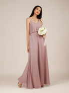 KissDress-Branwyn Dusty Rose A Line V Neck Chiffon Long Bridesmaid Dress with Ruffles