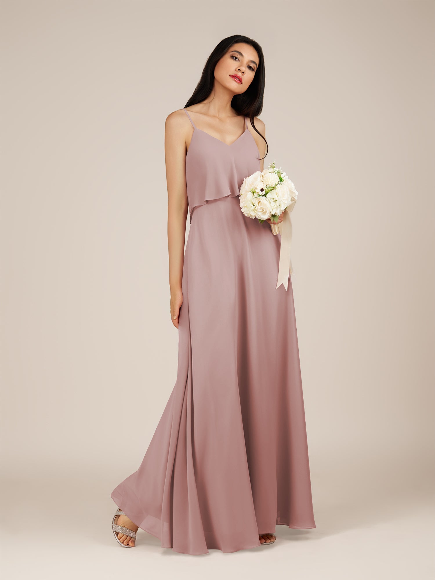 KissDress-Branwyn Dusty Rose A Line V Neck Chiffon Long Bridesmaid Dress with Ruffles