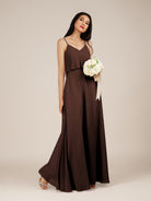 KissDress-Branwyn Espresso A Line V Neck Chiffon Long Bridesmaid Dress with Ruffles
