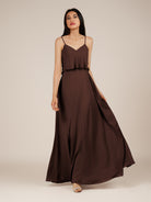 KissDress-Branwyn Espresso A Line V Neck Chiffon Long Bridesmaid Dress with Ruffles