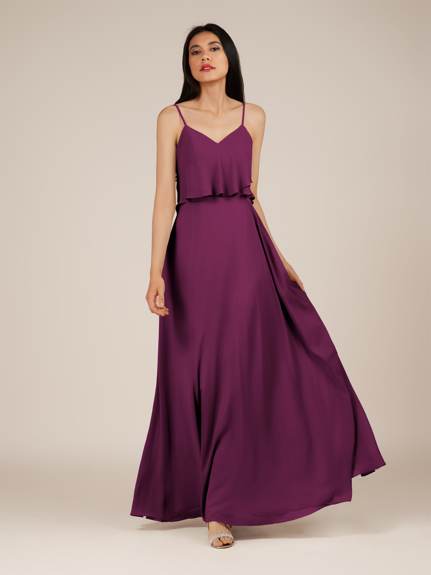 KissDress-Branwyn Fig A Line V Neck Chiffon Long Bridesmaid Dress with Ruffles