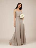 KissDress-Branwyn Frost A Line V Neck Chiffon Long Bridesmaid Dress with Ruffles