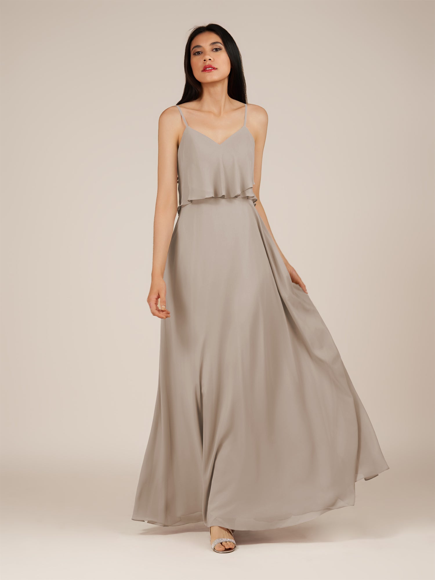KissDress-Branwyn Frost A Line V Neck Chiffon Long Bridesmaid Dress with Ruffles
