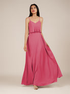 KissDress-Branwyn Fuchsia A Line V Neck Chiffon Long Bridesmaid Dress with Ruffles