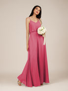 KissDress-Branwyn Fuchsia A Line V Neck Chiffon Long Bridesmaid Dress with Ruffles