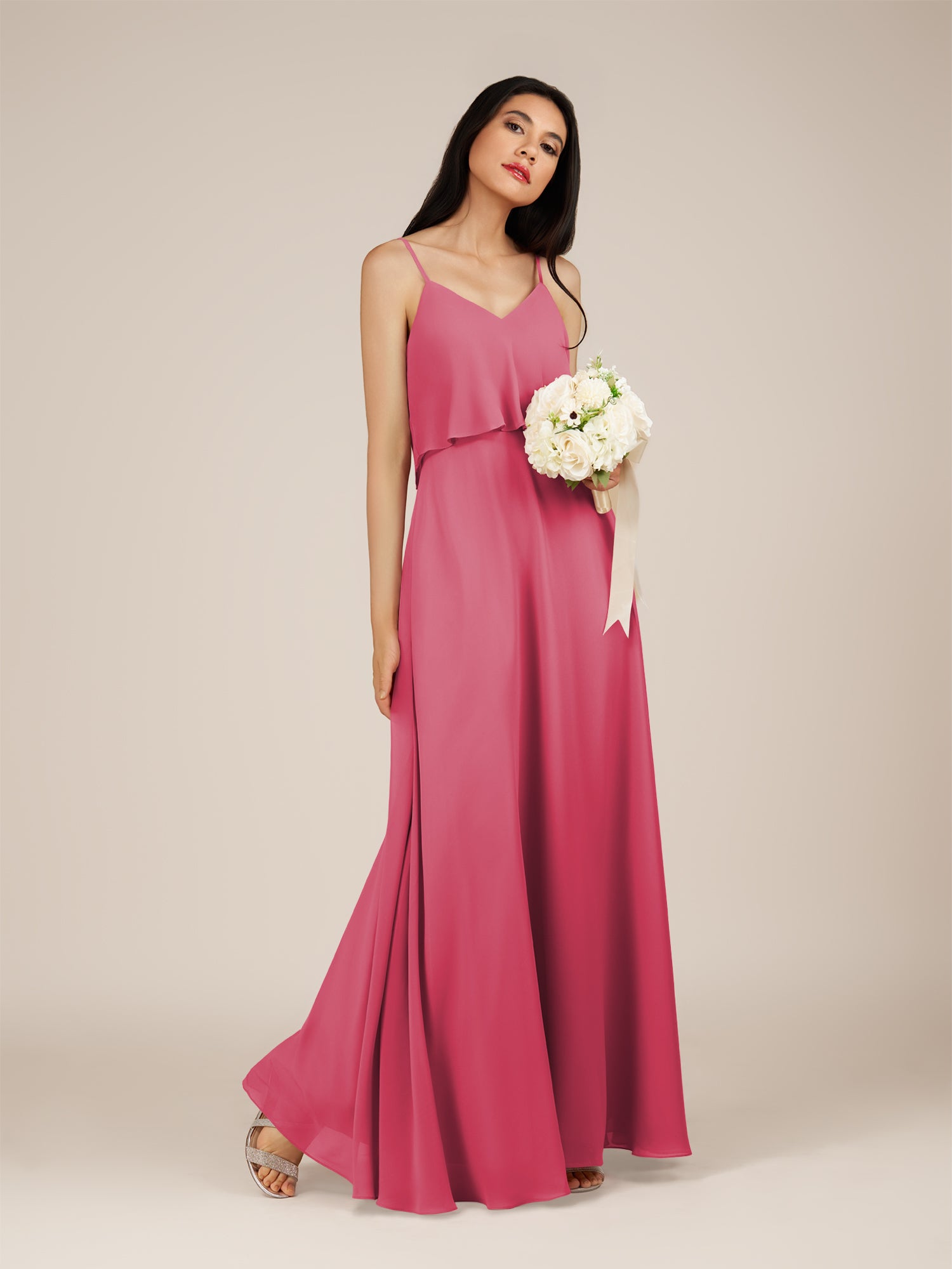 KissDress-Branwyn Fuchsia A Line V Neck Chiffon Long Bridesmaid Dress with Ruffles
