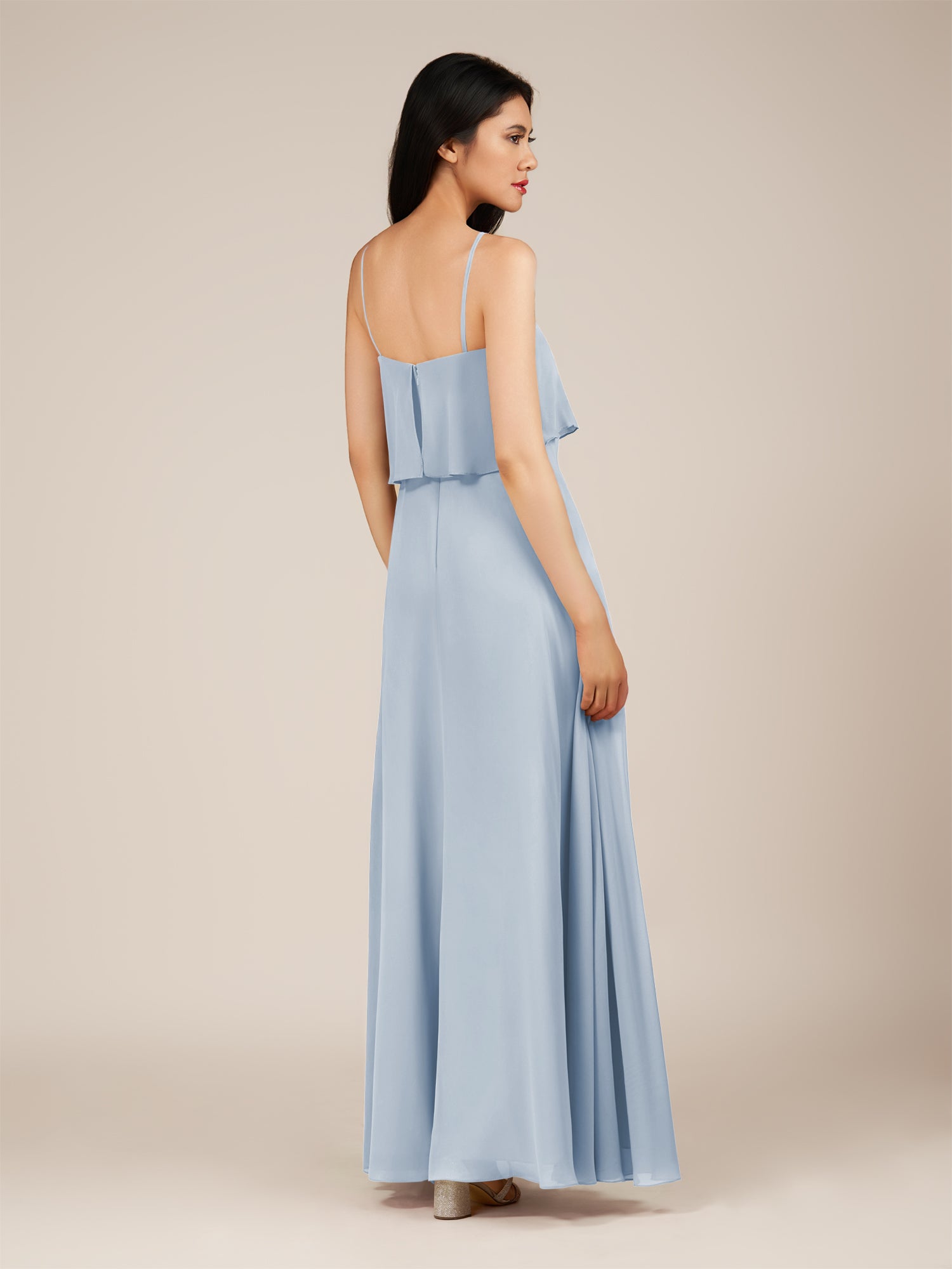 KissDress-Branwyn Ice A Line V Neck Chiffon Long Bridesmaid Dress with Ruffles