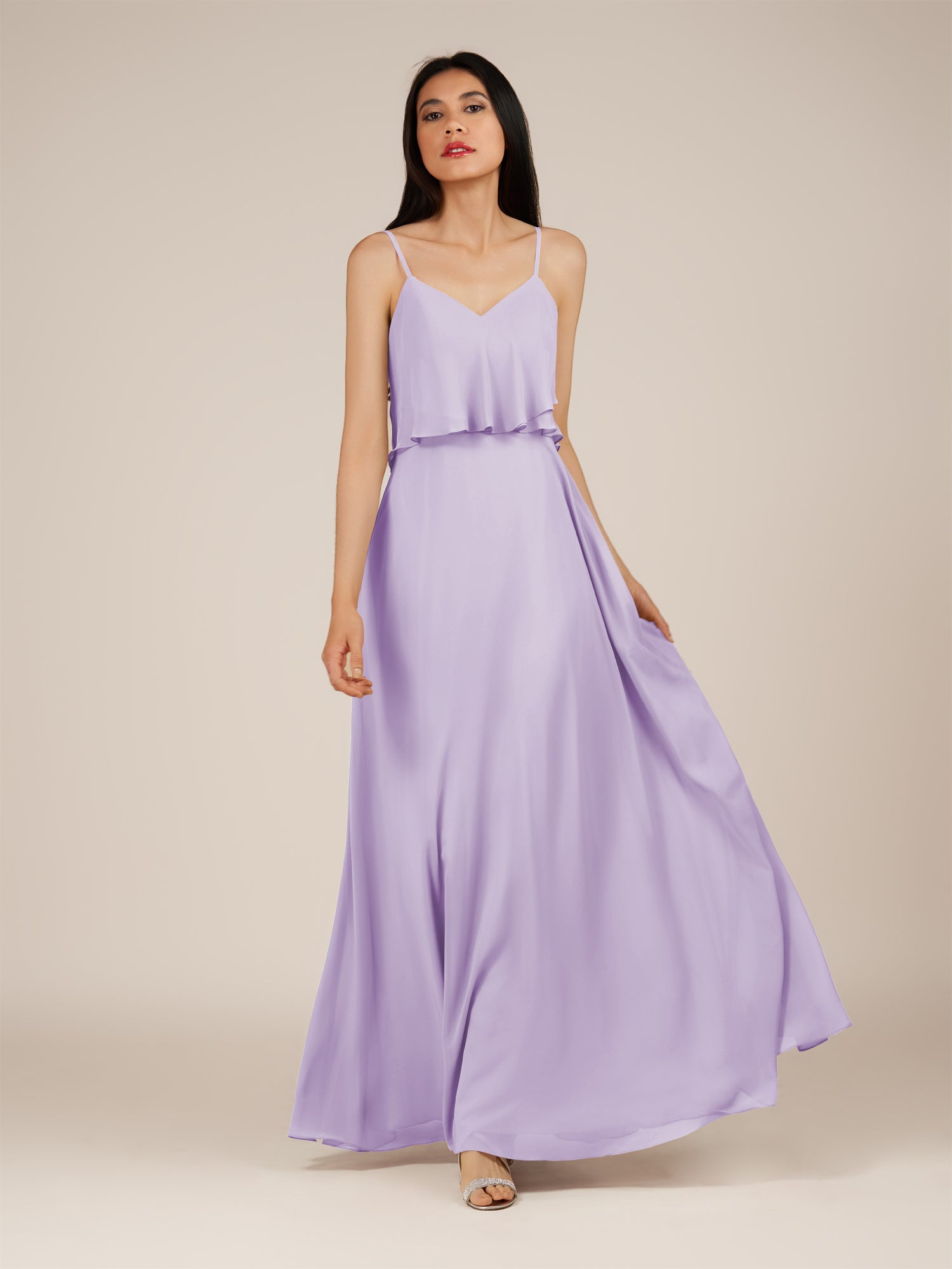 KissDress-Branwyn Lavender A Line V Neck Chiffon Long Bridesmaid Dress with Ruffles