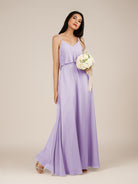 KissDress-Branwyn Lavender A Line V Neck Chiffon Long Bridesmaid Dress with Ruffles