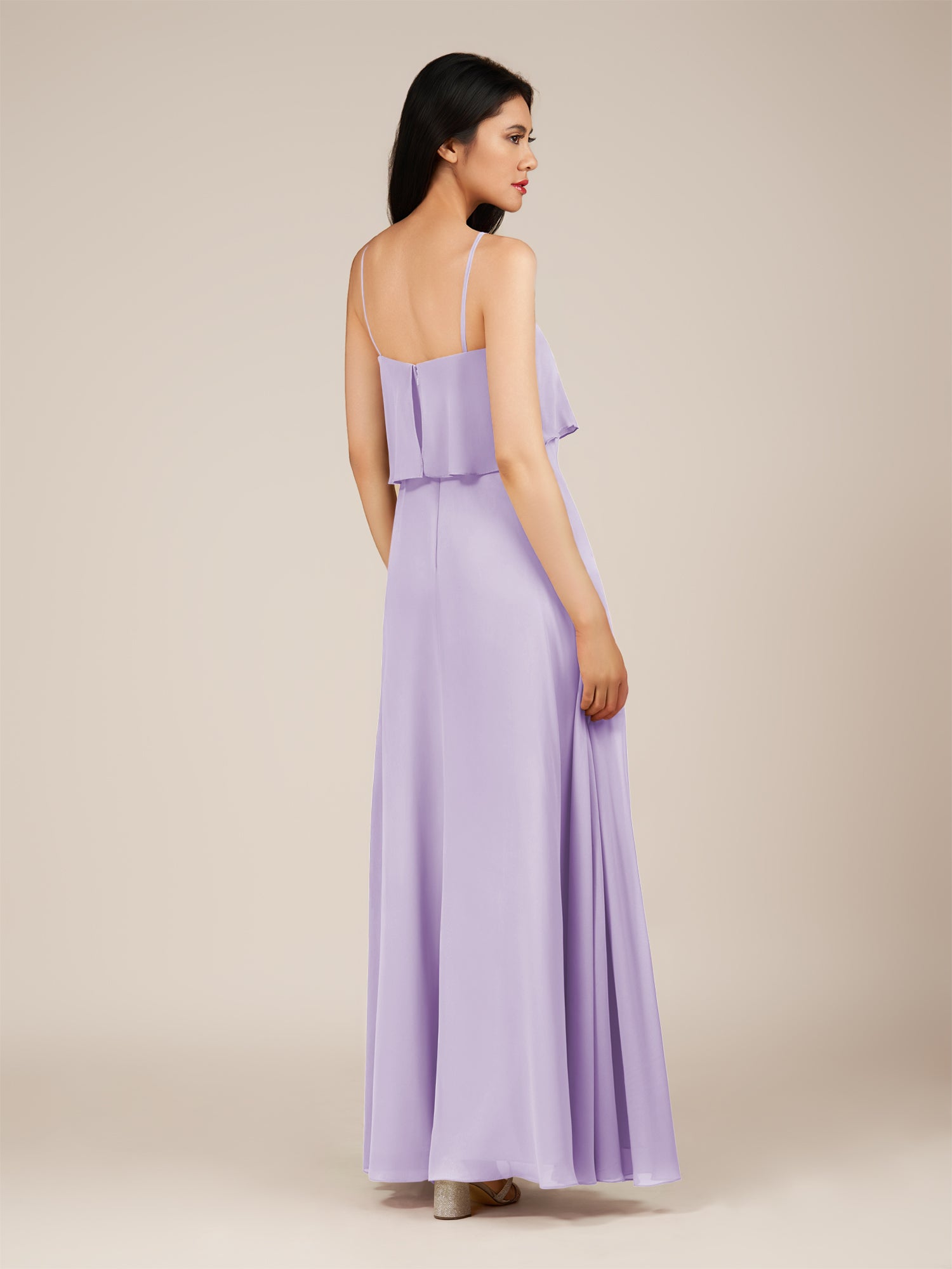 KissDress-Branwyn Lavender A Line V Neck Chiffon Long Bridesmaid Dress with Ruffles