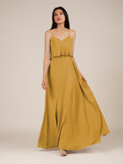 KissDress-Branwyn Marigold A Line V Neck Chiffon Long Bridesmaid Dress with Ruffles