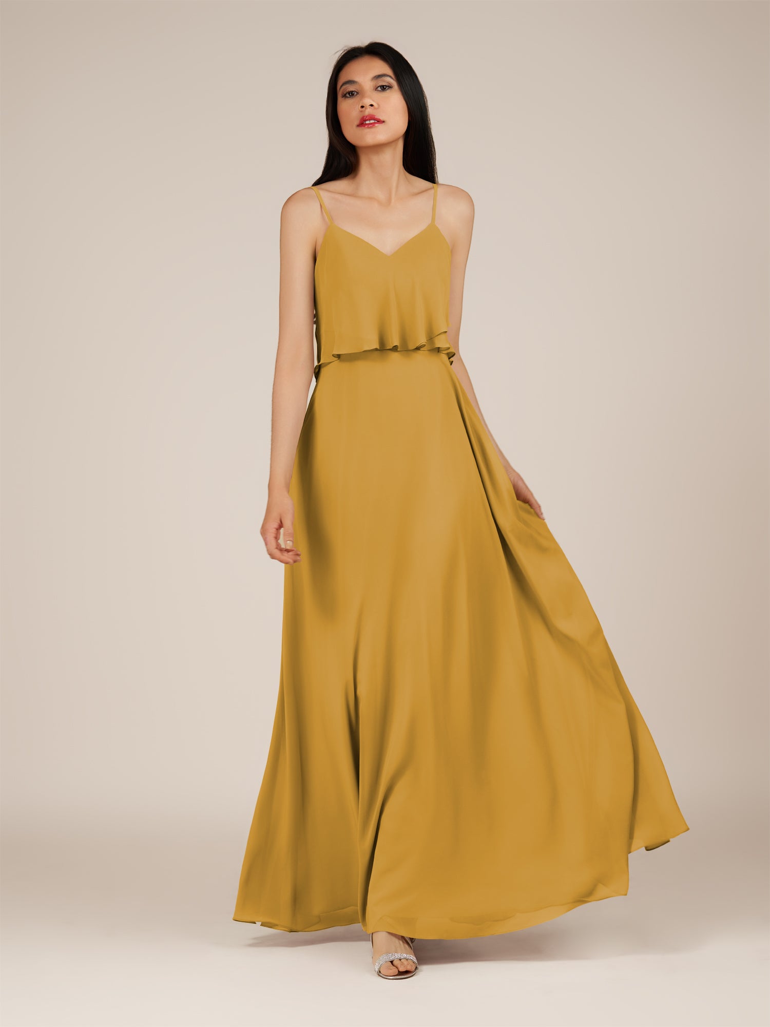 KissDress-Branwyn Marigold A Line V Neck Chiffon Long Bridesmaid Dress with Ruffles