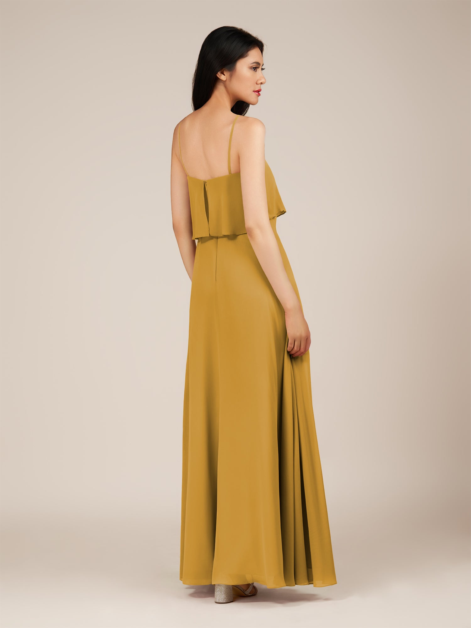 KissDress-Branwyn Marigold A Line V Neck Chiffon Long Bridesmaid Dress with Ruffles