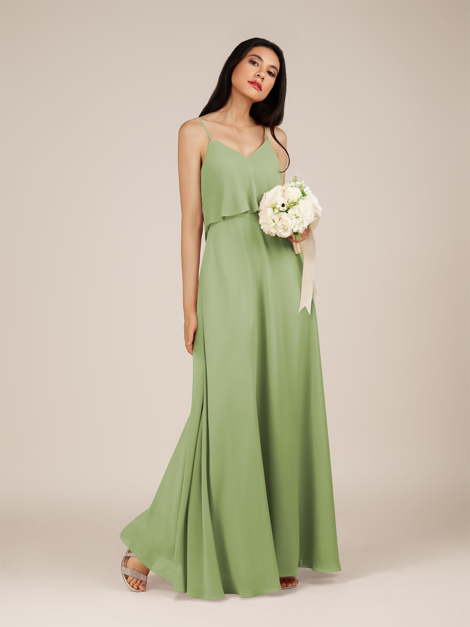 KissDress-Branwyn Matcha A Line V Neck Chiffon Long Bridesmaid Dress with Ruffles
