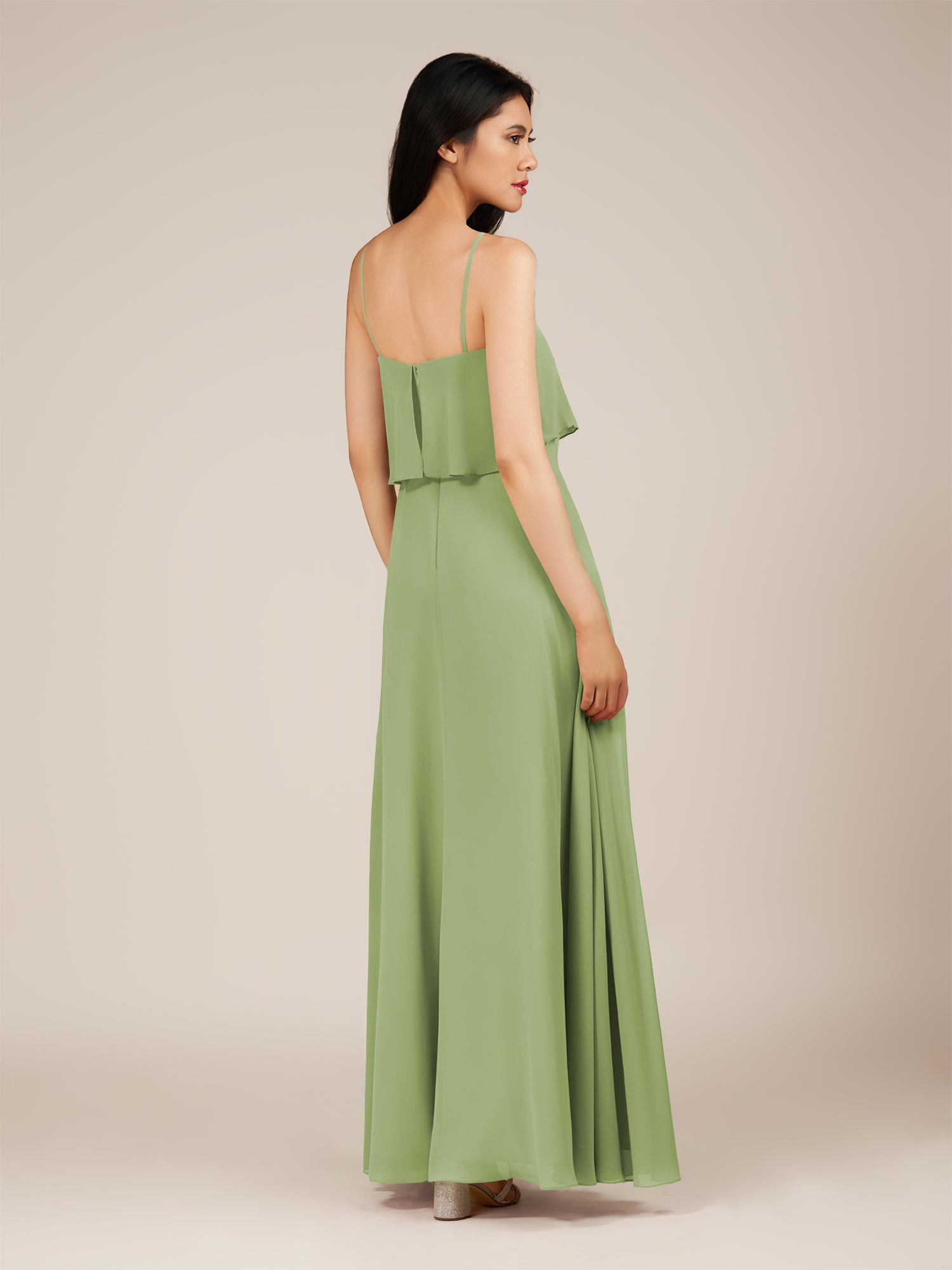 KissDress-Branwyn Matcha A Line V Neck Chiffon Long Bridesmaid Dress with Ruffles