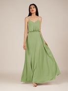 KissDress-Branwyn Matcha A Line V Neck Chiffon Long Bridesmaid Dress with Ruffles