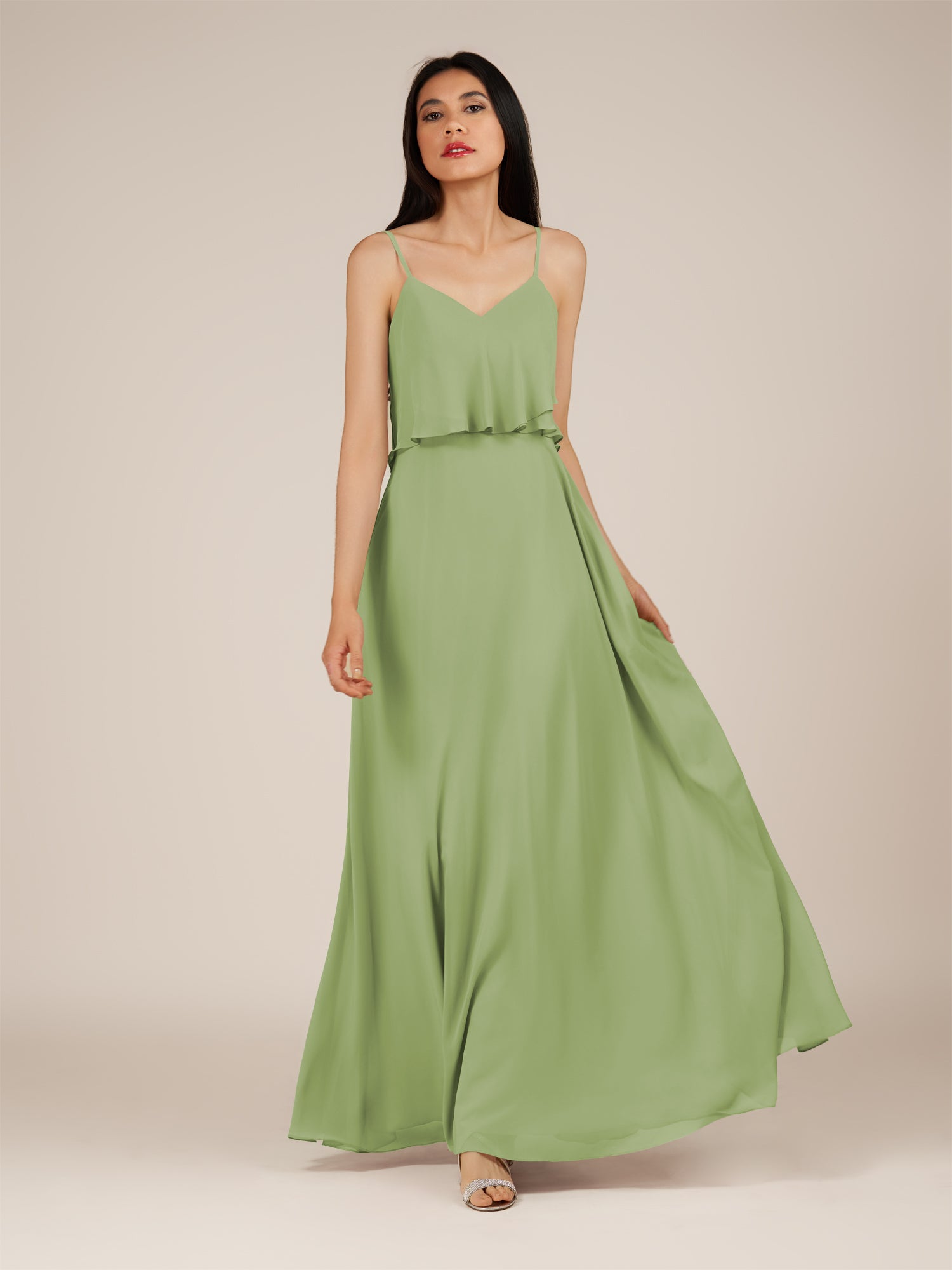 KissDress-Branwyn Matcha A Line V Neck Chiffon Long Bridesmaid Dress with Ruffles